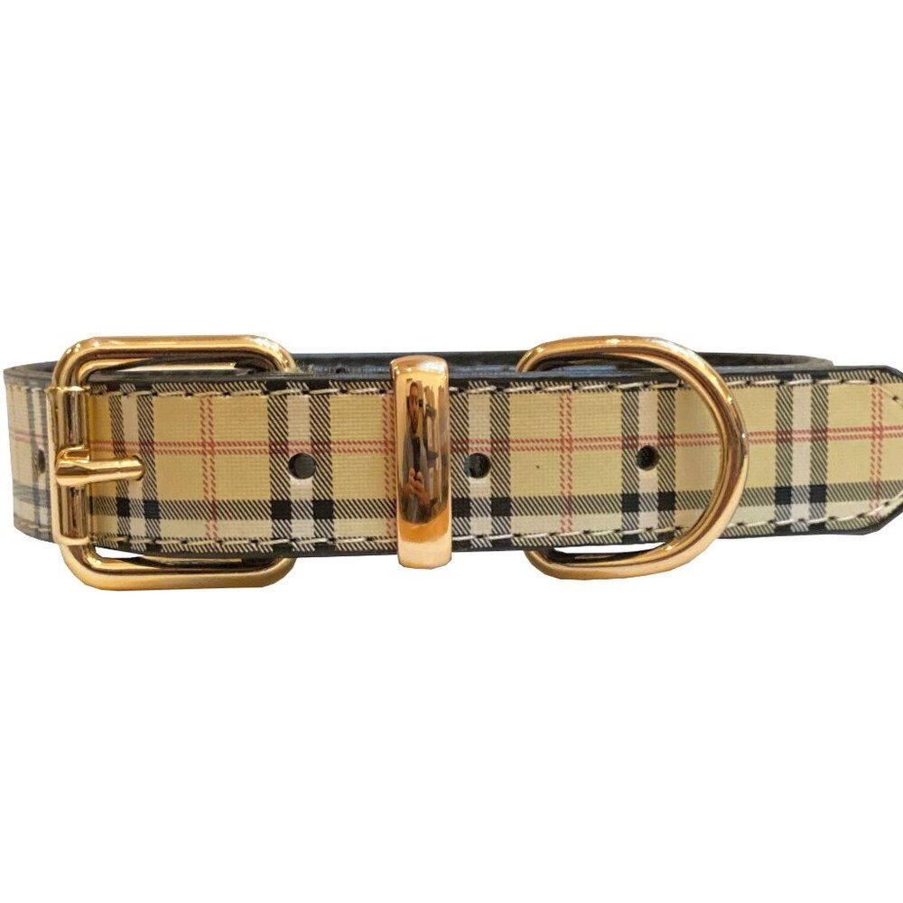 Neutral Plaid Pet Collar • Gold Hardware